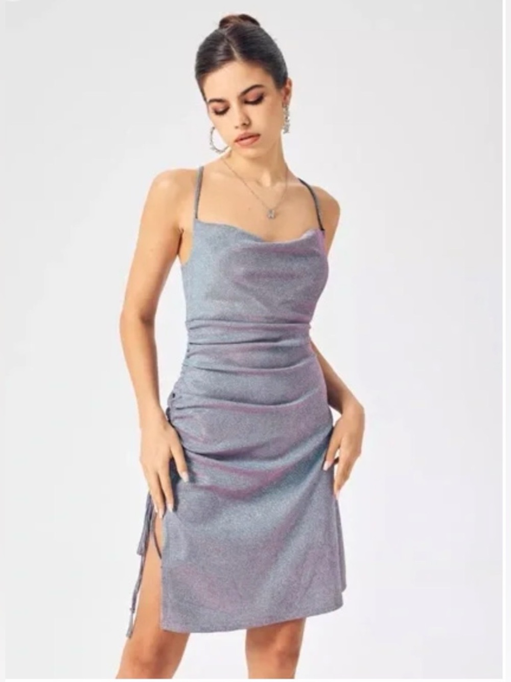 Cowl Neck Spaghetti Strap Tie Adjustable Side Ruching Party Glitter Dress size S